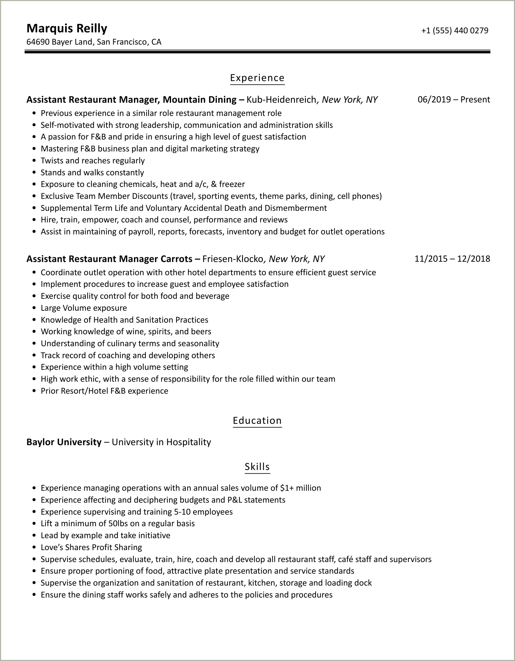 Resume Description Help For Pizza Hut Shift Manager