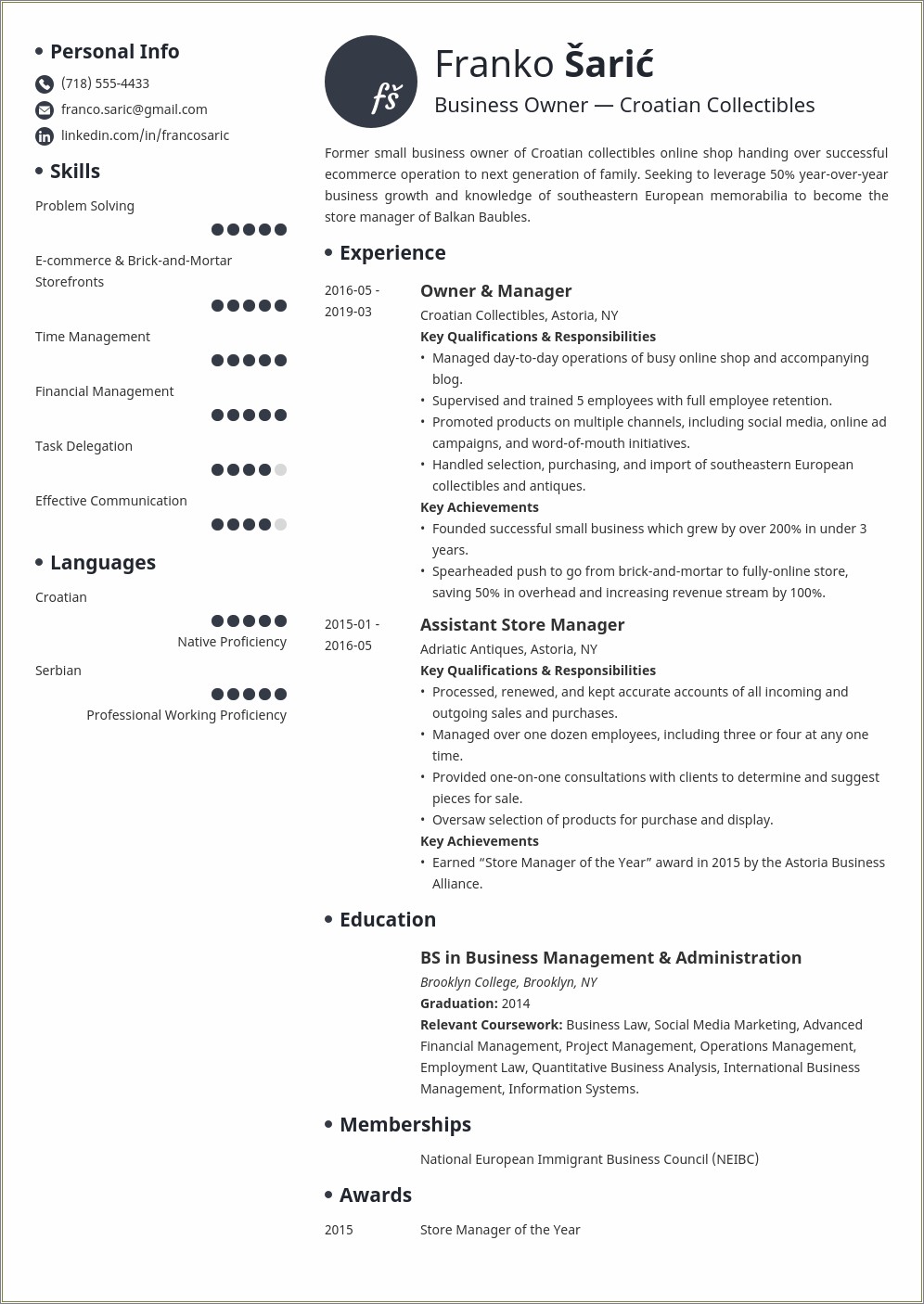 Resume Description Of A Sole Proprietorship