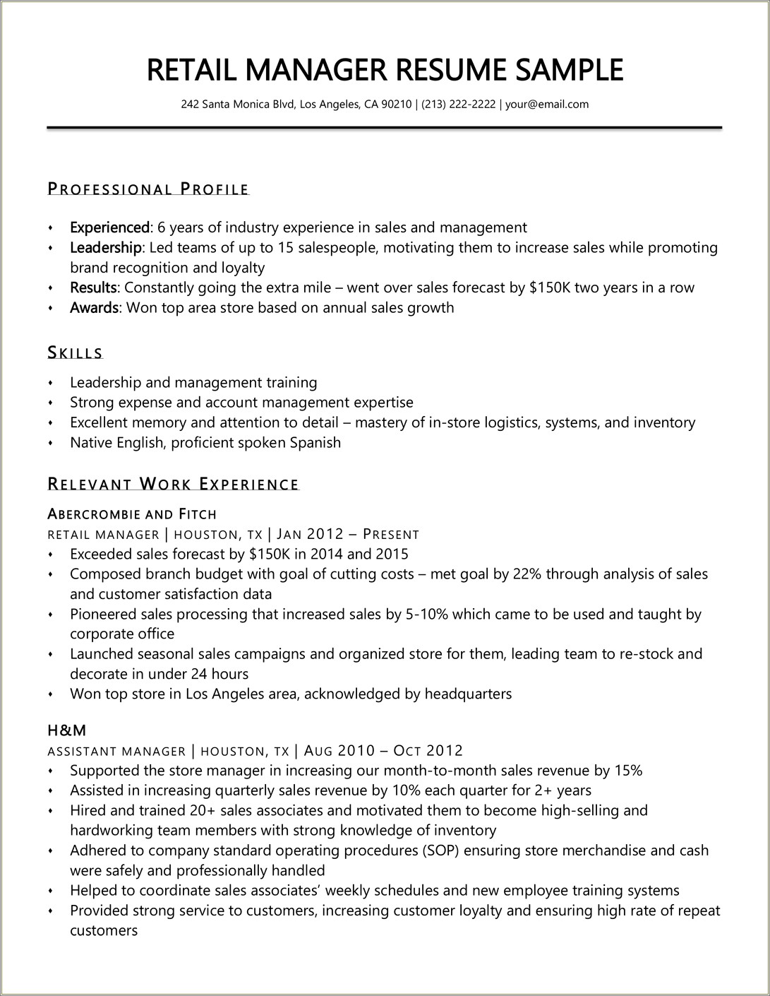 Resume Description Of A Store Manager