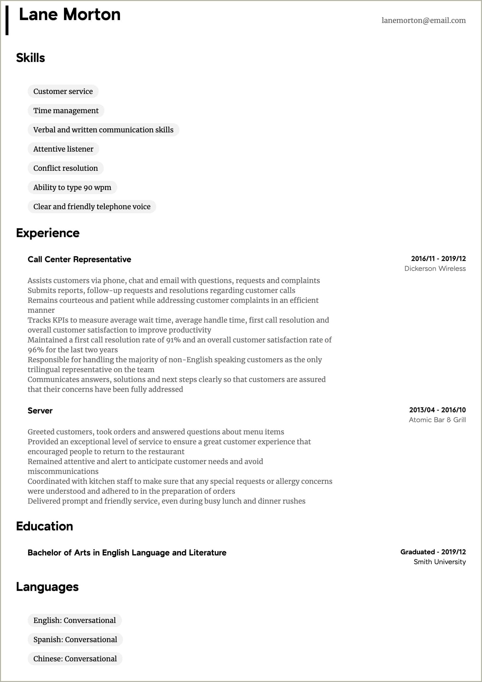Resume Description Of Call Center Representative