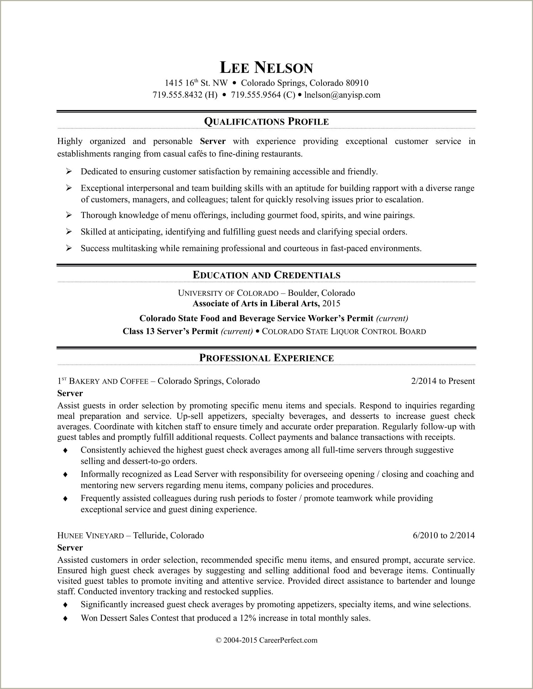 Resume Description Of Restaurant General Manager