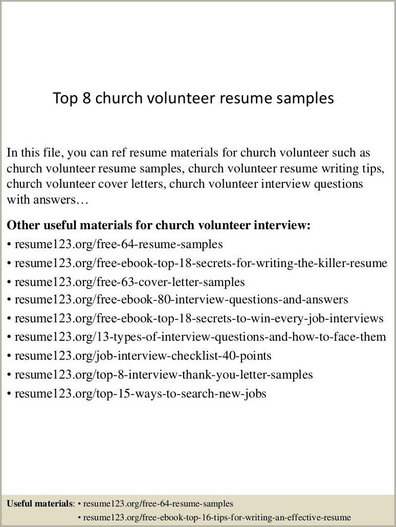 Resume Descriptions For Volunteer At A Church