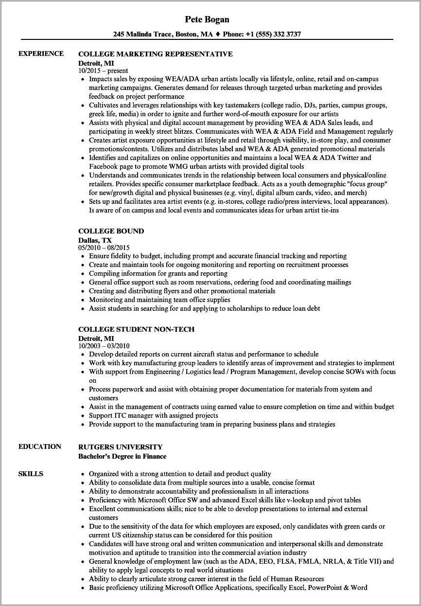 Resume Education Examples For Freshman College Students