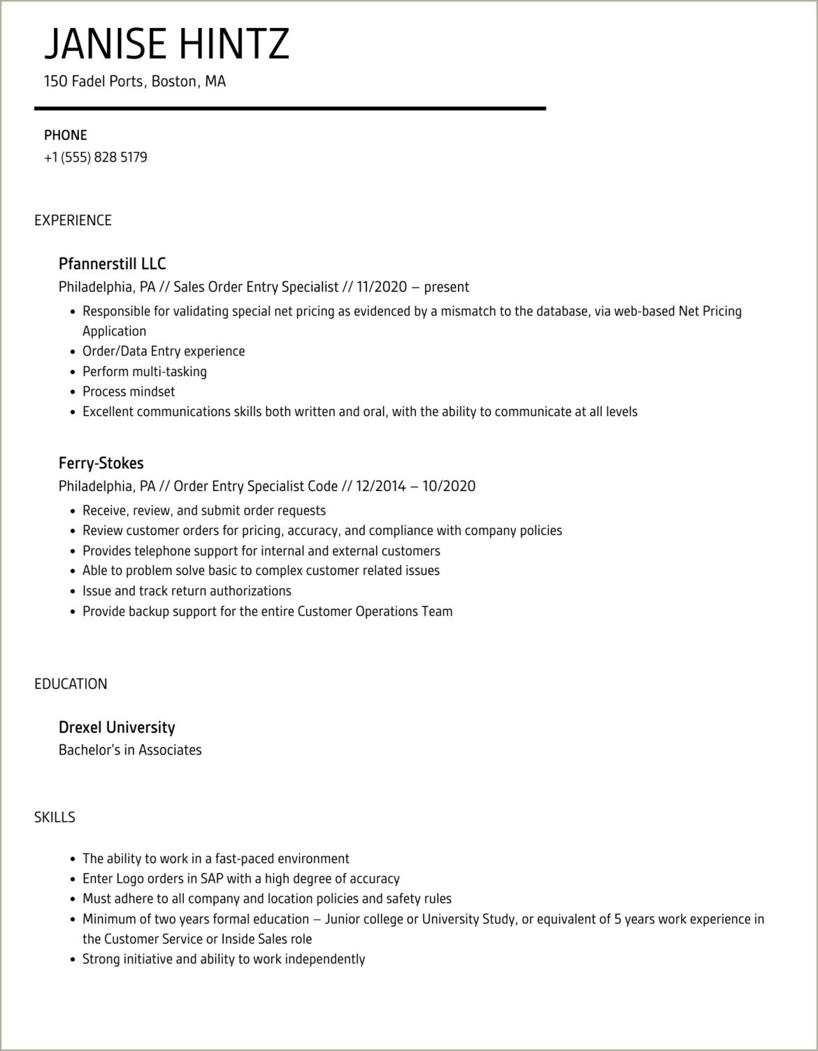 Resume Entering In Work Experience Order