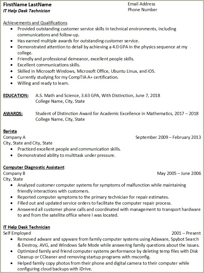 Resume Entry Level Help Desk Examples