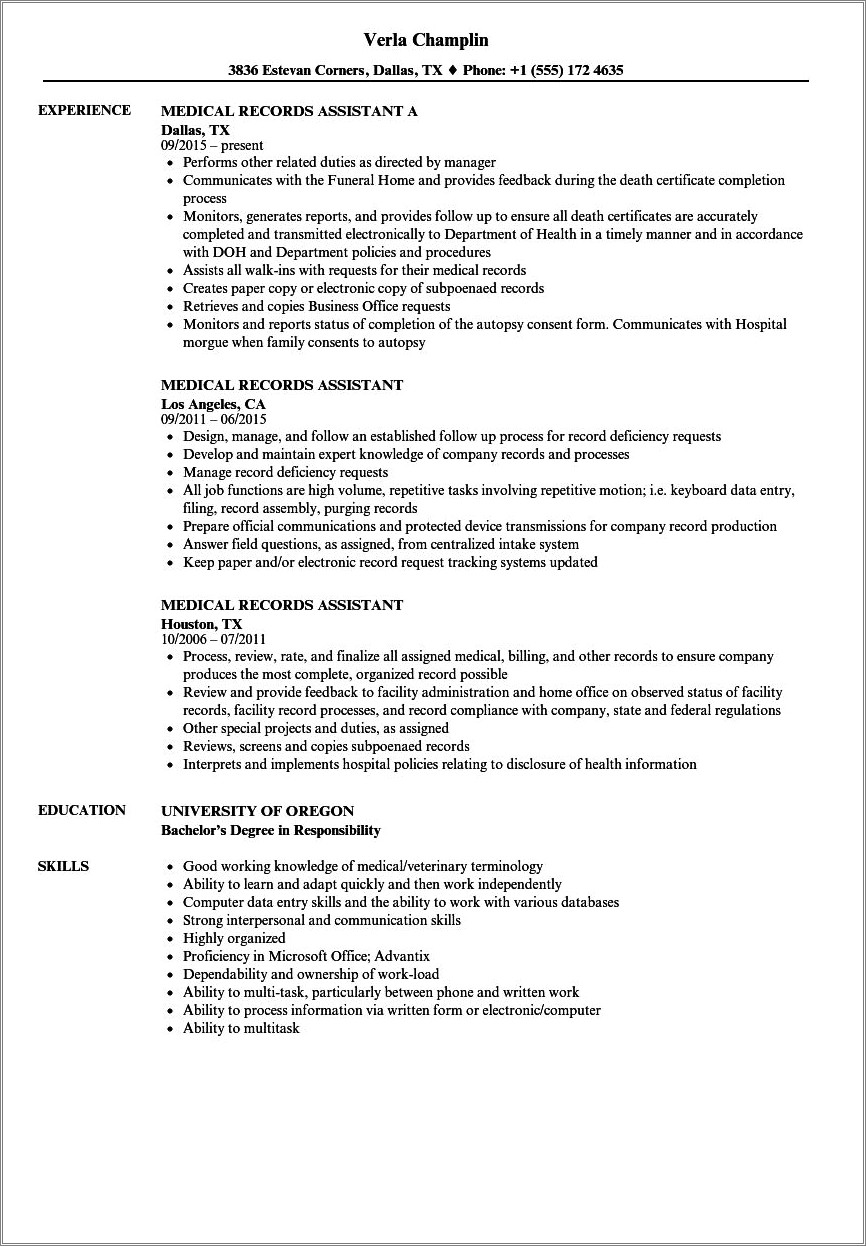 Resume Example Admissions And Records Assistant