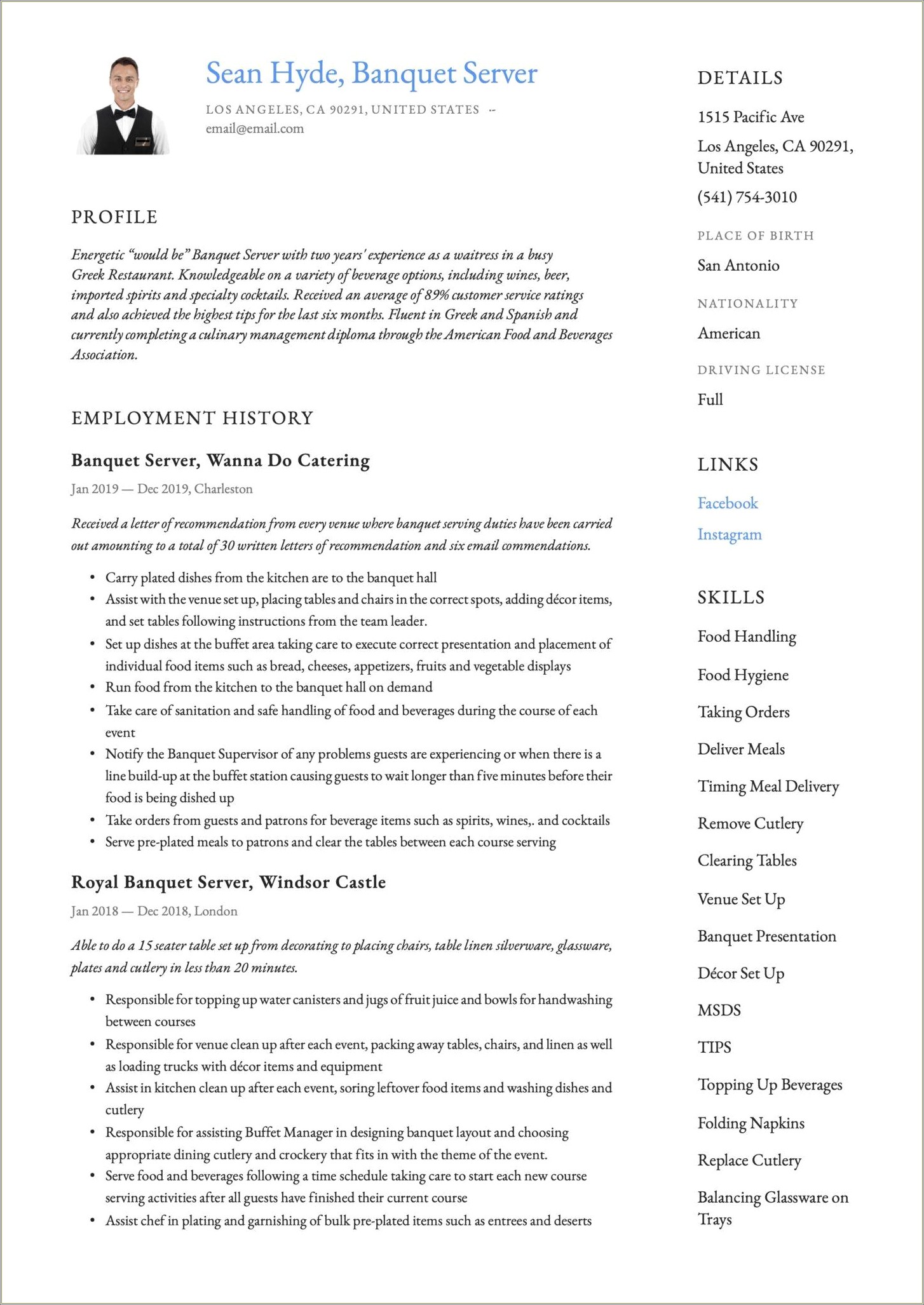 Resume Example And Templates For Banquet Servers