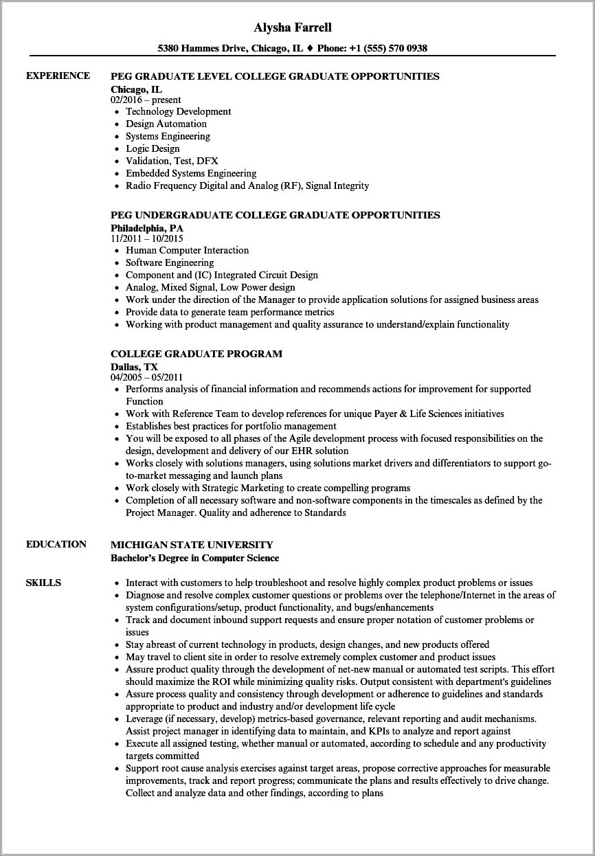 Resume Example For A College Graduate In Marketing