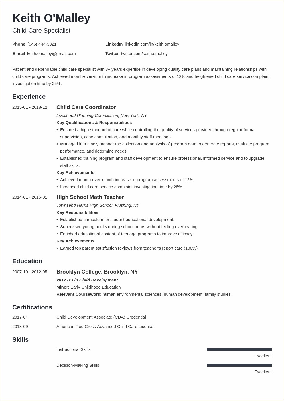 Resume Example For A Home Daycare Owner