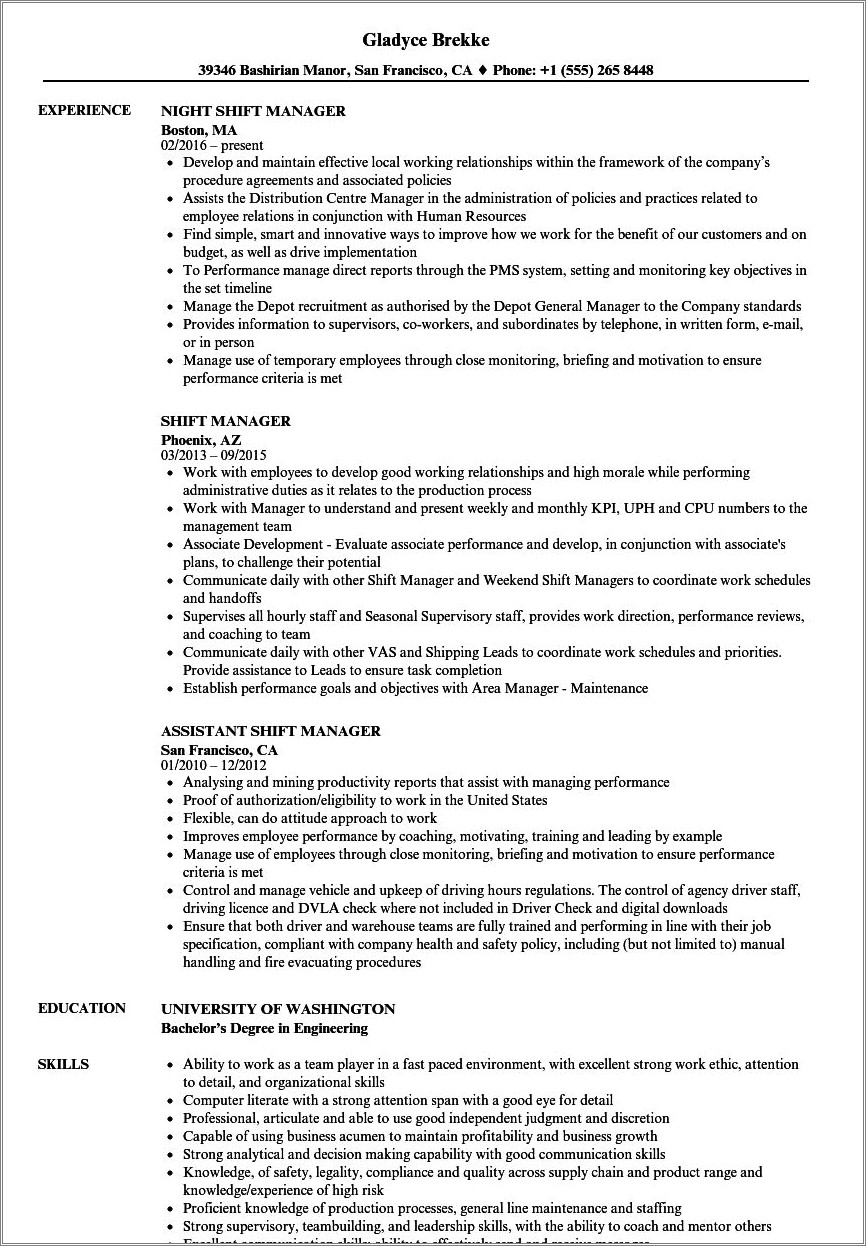 Resume Example For A Wendy's Manager