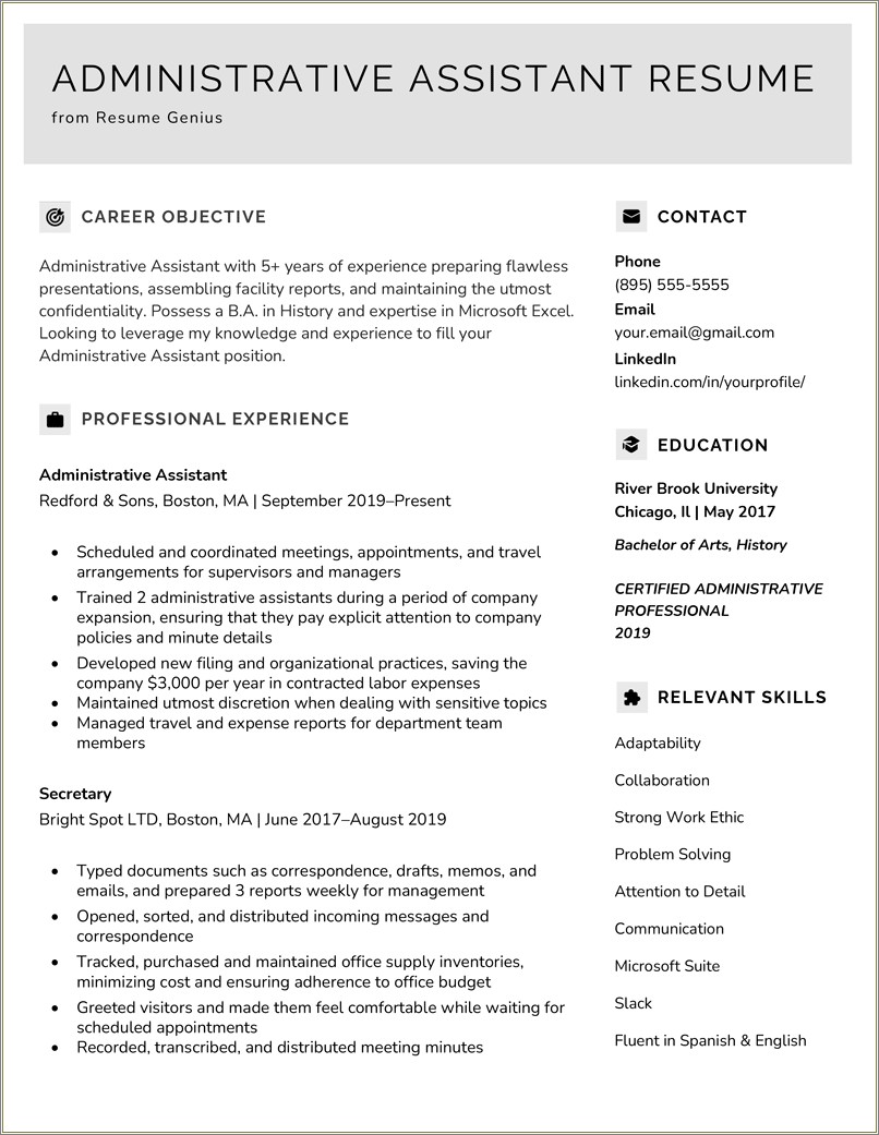 Resume Example For Administrative Assistant Objective