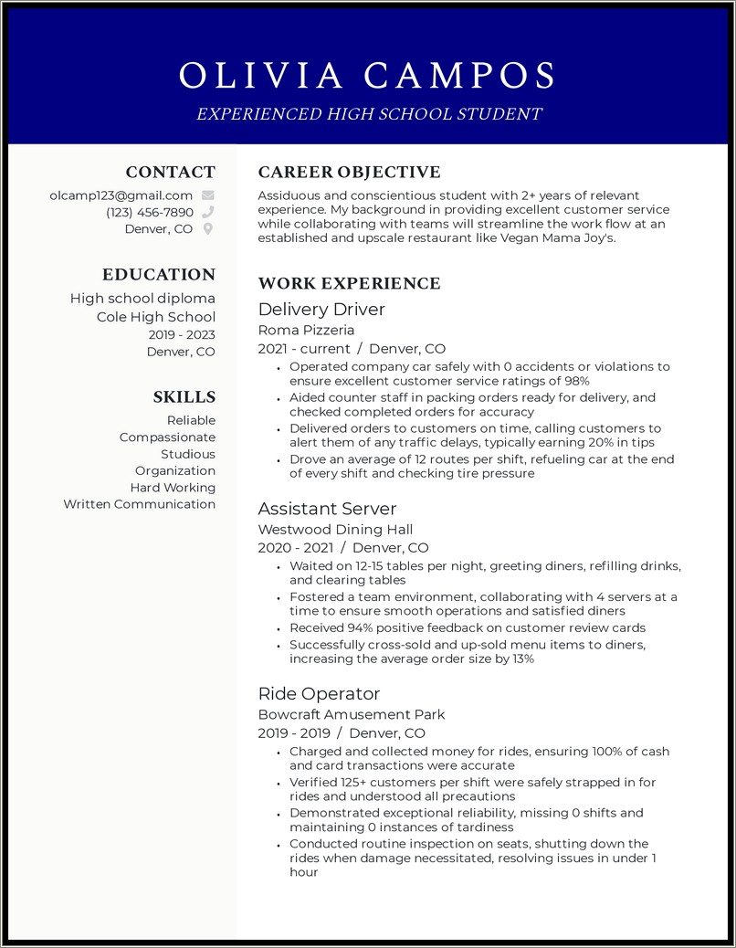Resume Example For After Highschool Graduate Students