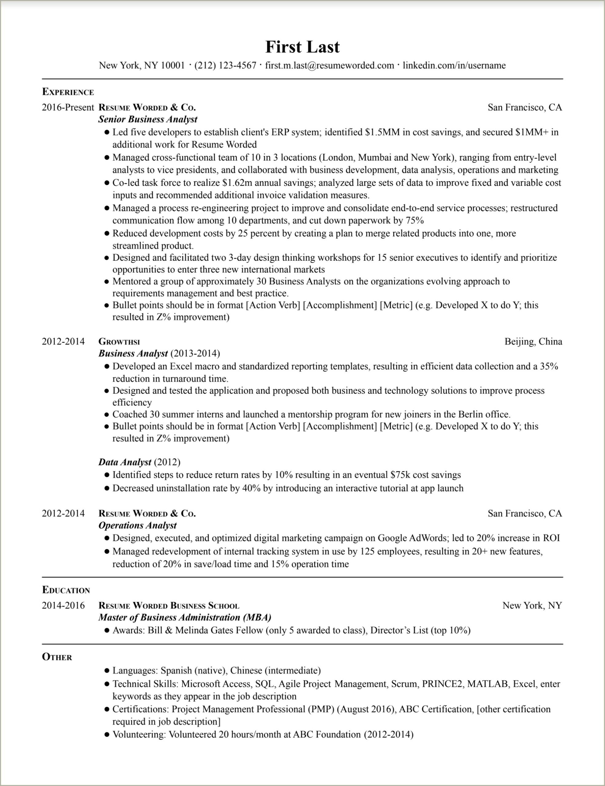 Resume Example For An Analyst Job