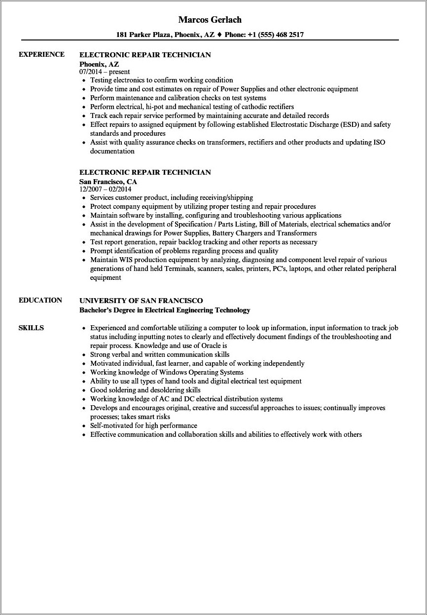 Resume Example For An Electronic Technician