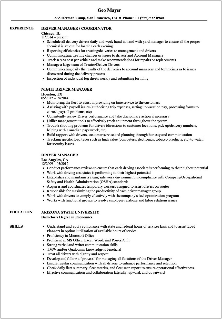 Resume Example For Aspca Driver Job