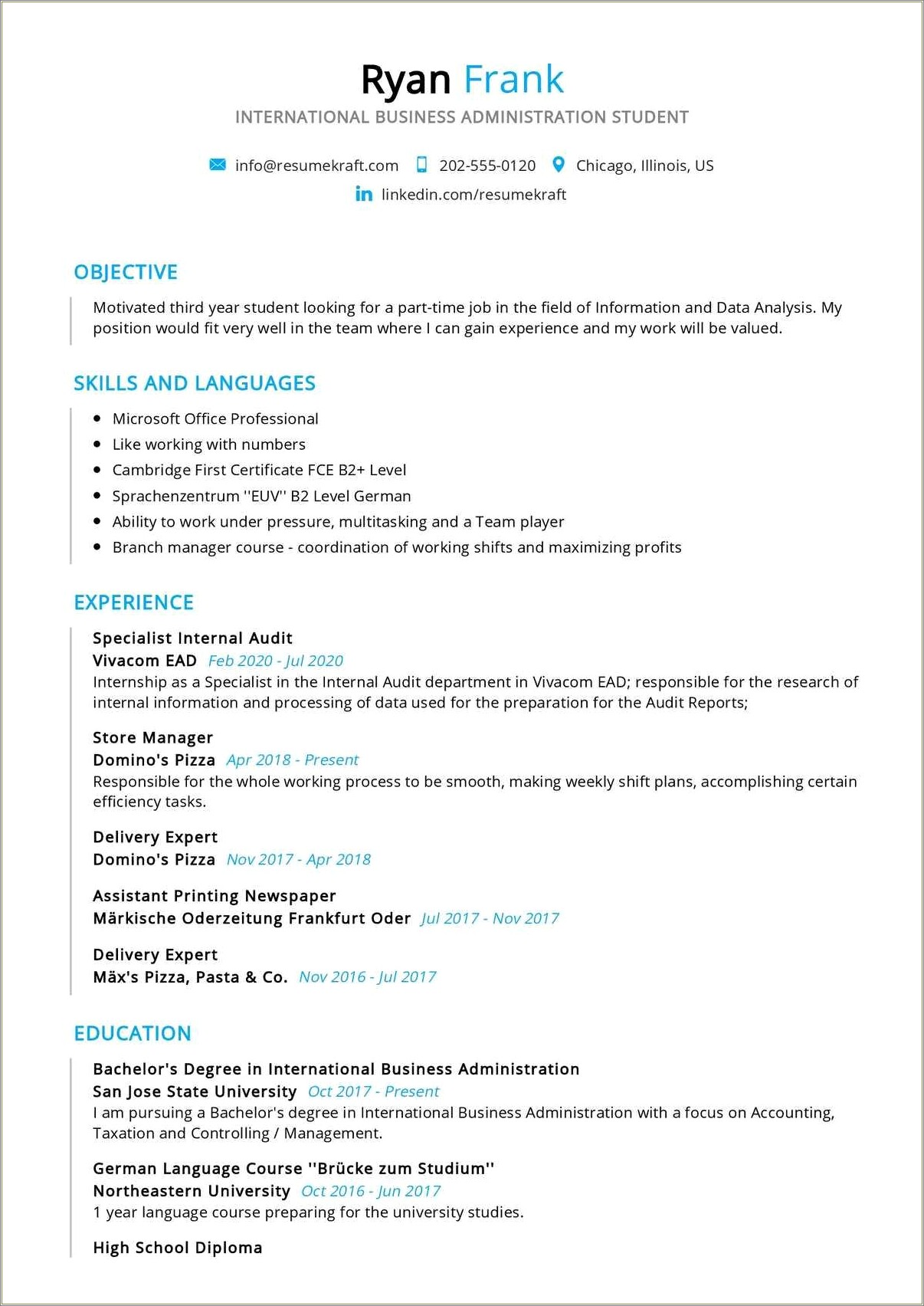 Resume Example For Business Administration Students