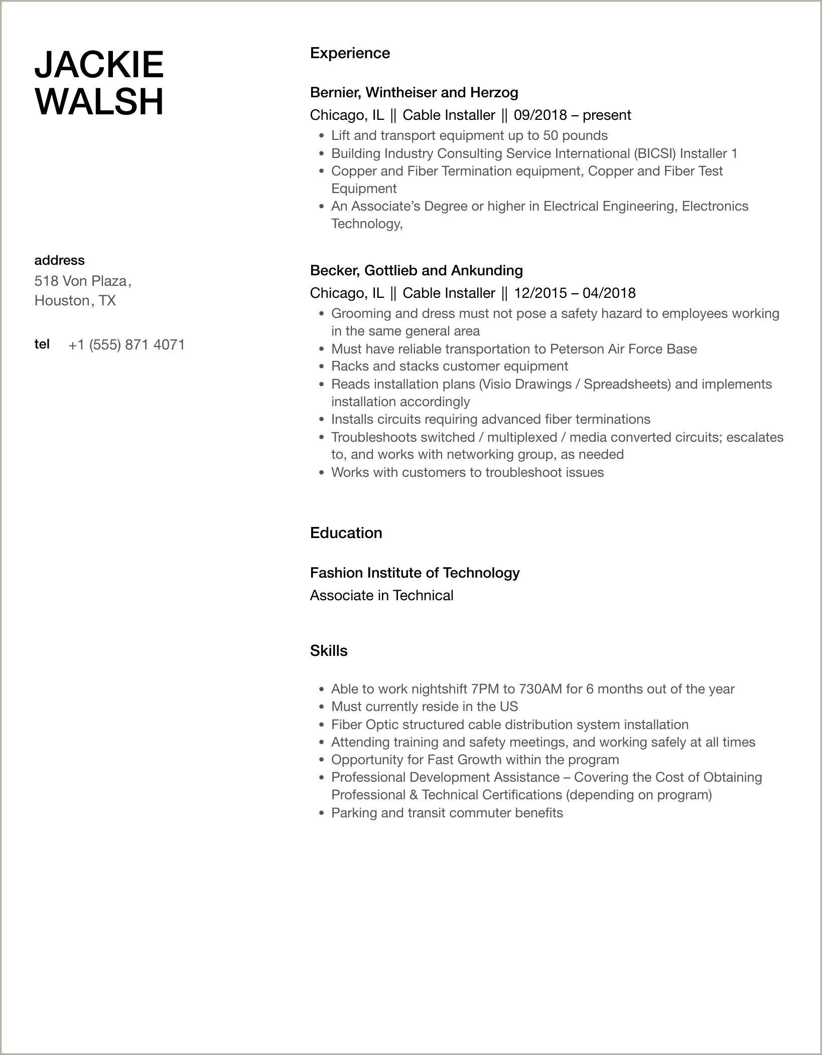 Resume Example For Cable Wire System Installer Maintainer