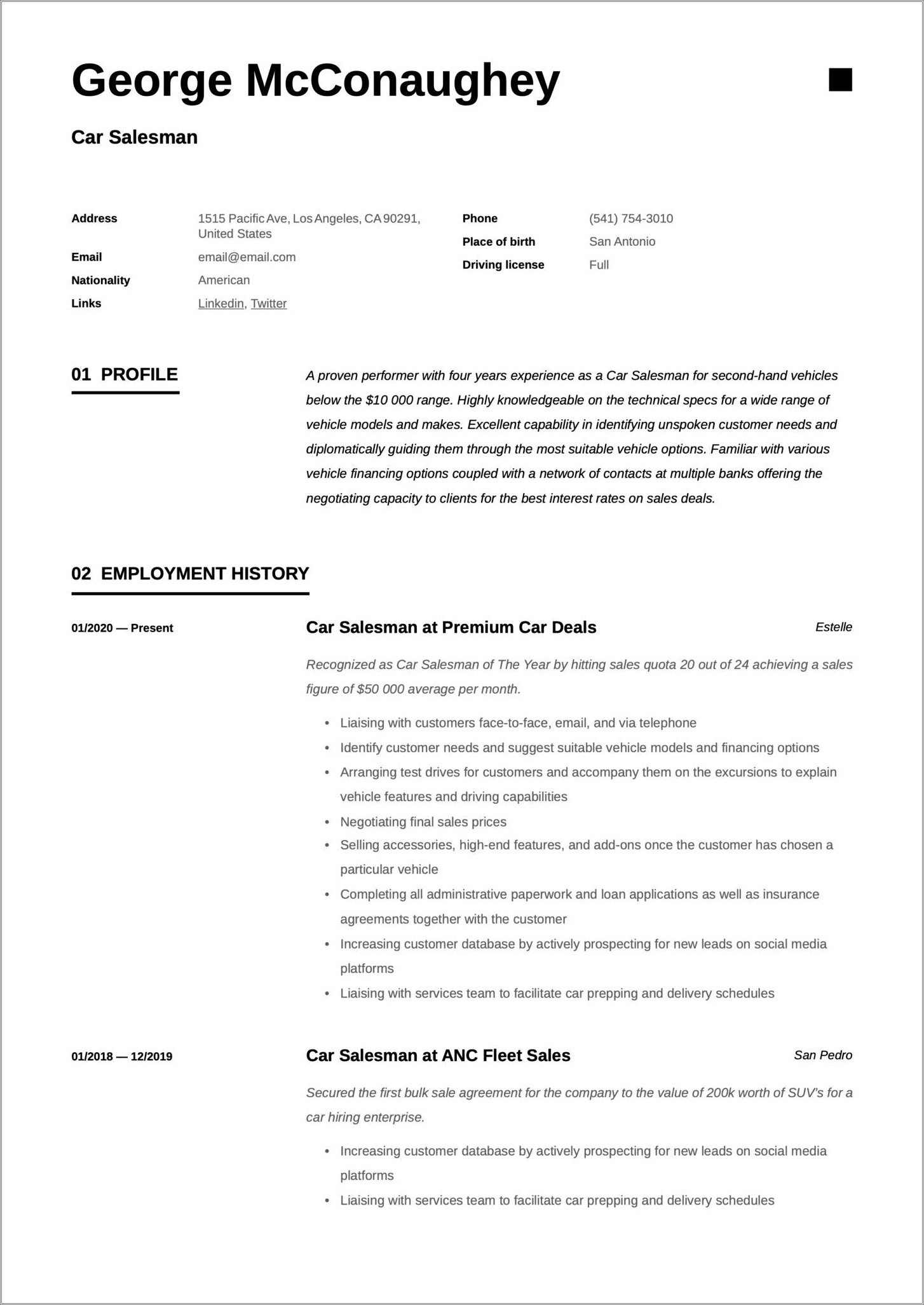 Resume Example For Car Sales Consultant
