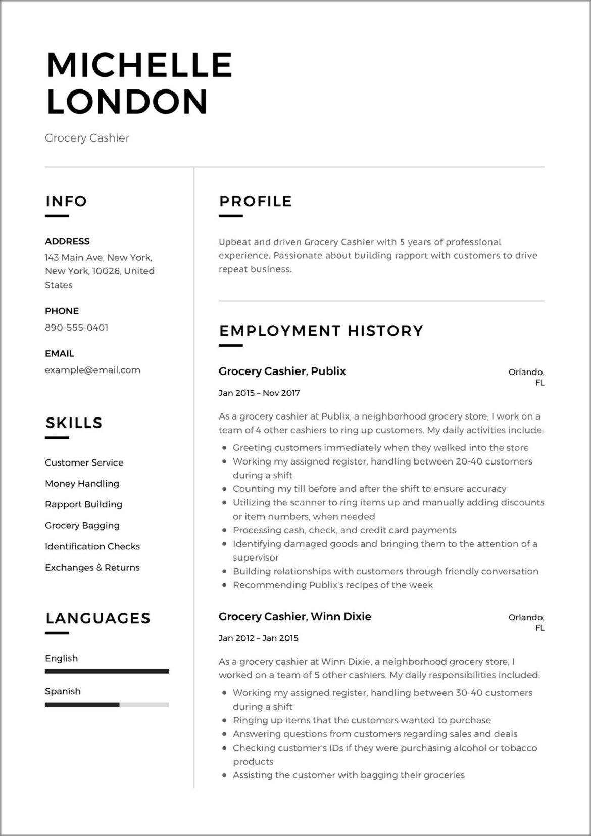 Resume Example For Cashier At Grocery Store