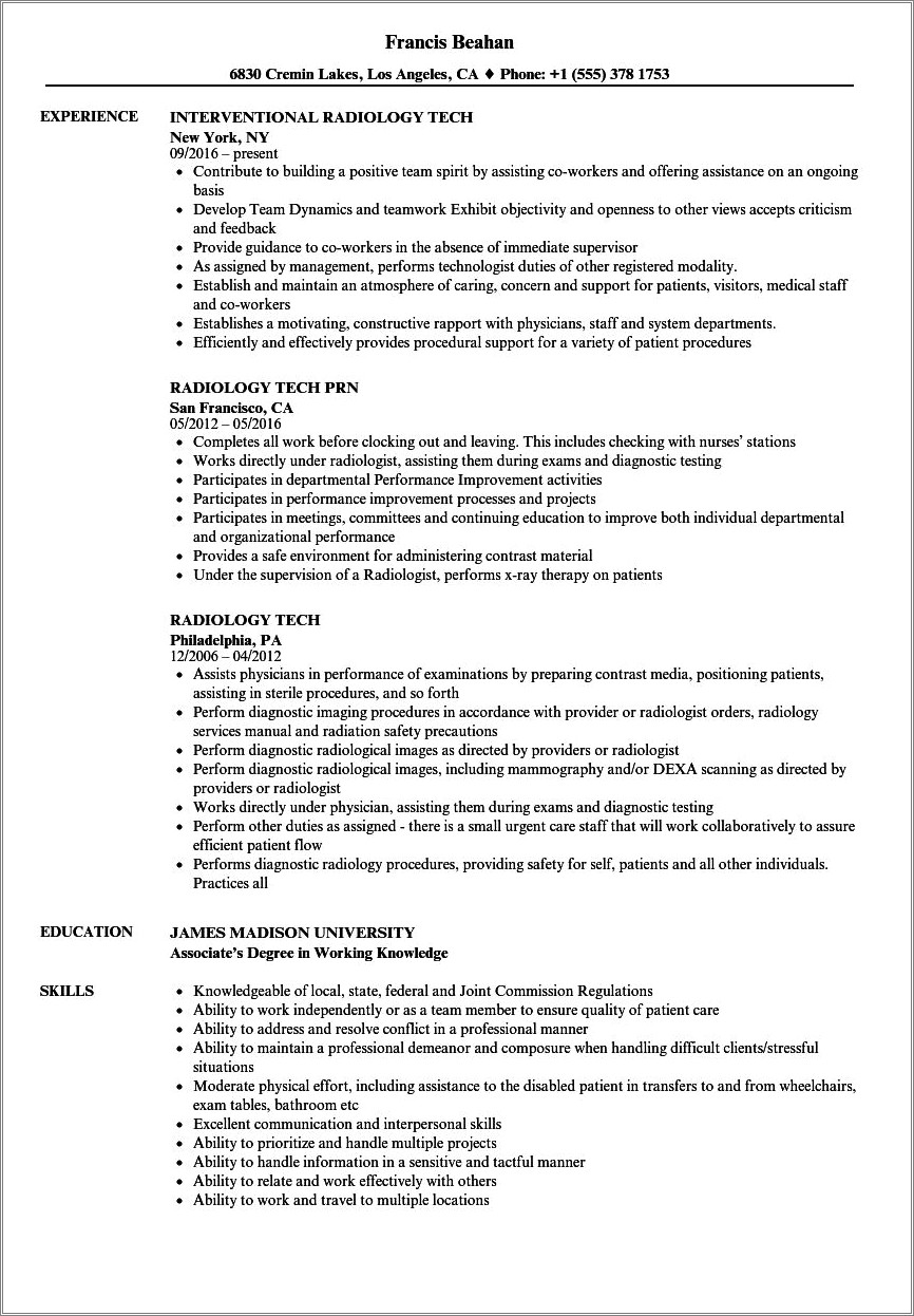 Resume Example For College Student Radiology Technician