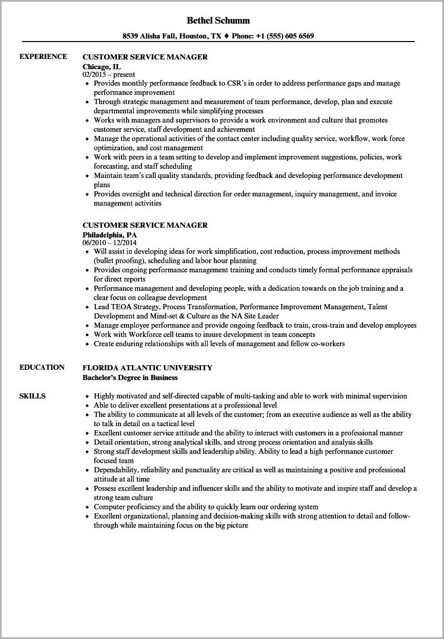 Resume Example For Customer Service Manager