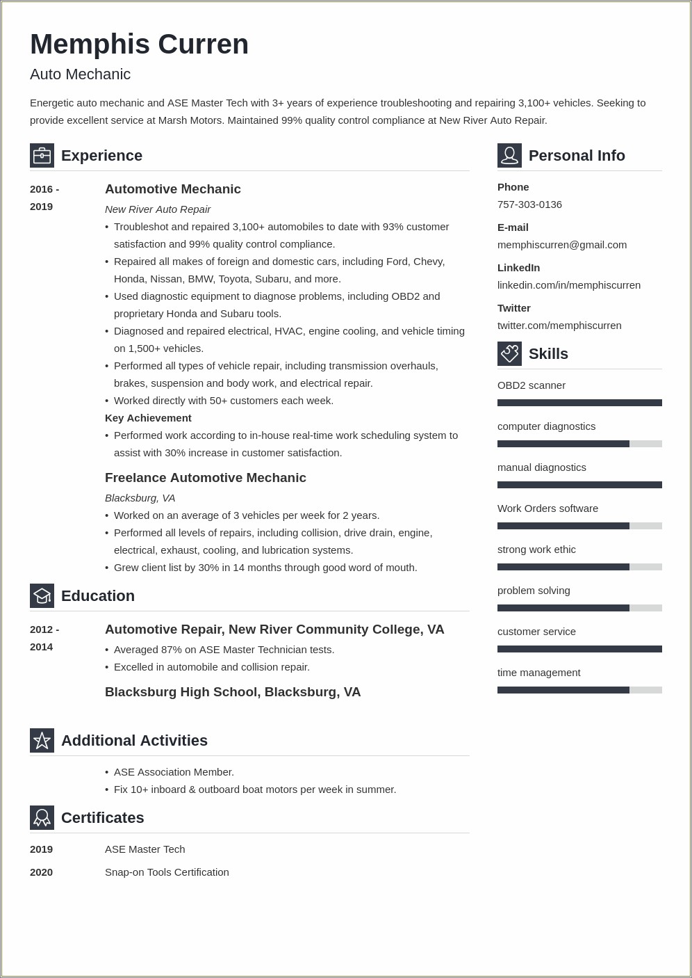 Resume Example For Duties Of A Mechanic