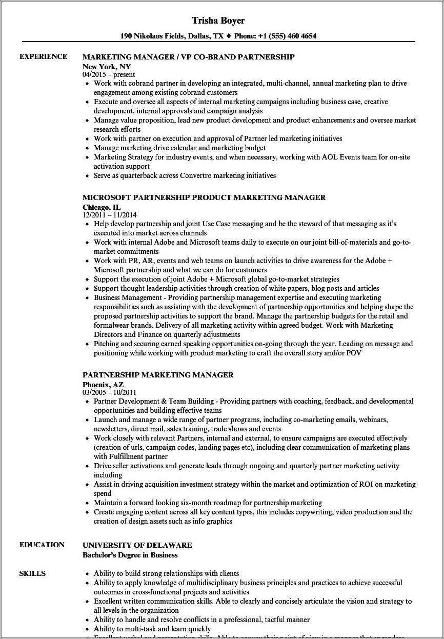 Resume Example For Experience Marketing Manager
