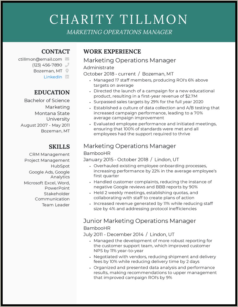 Resume Example For Experienced Operations Manager
