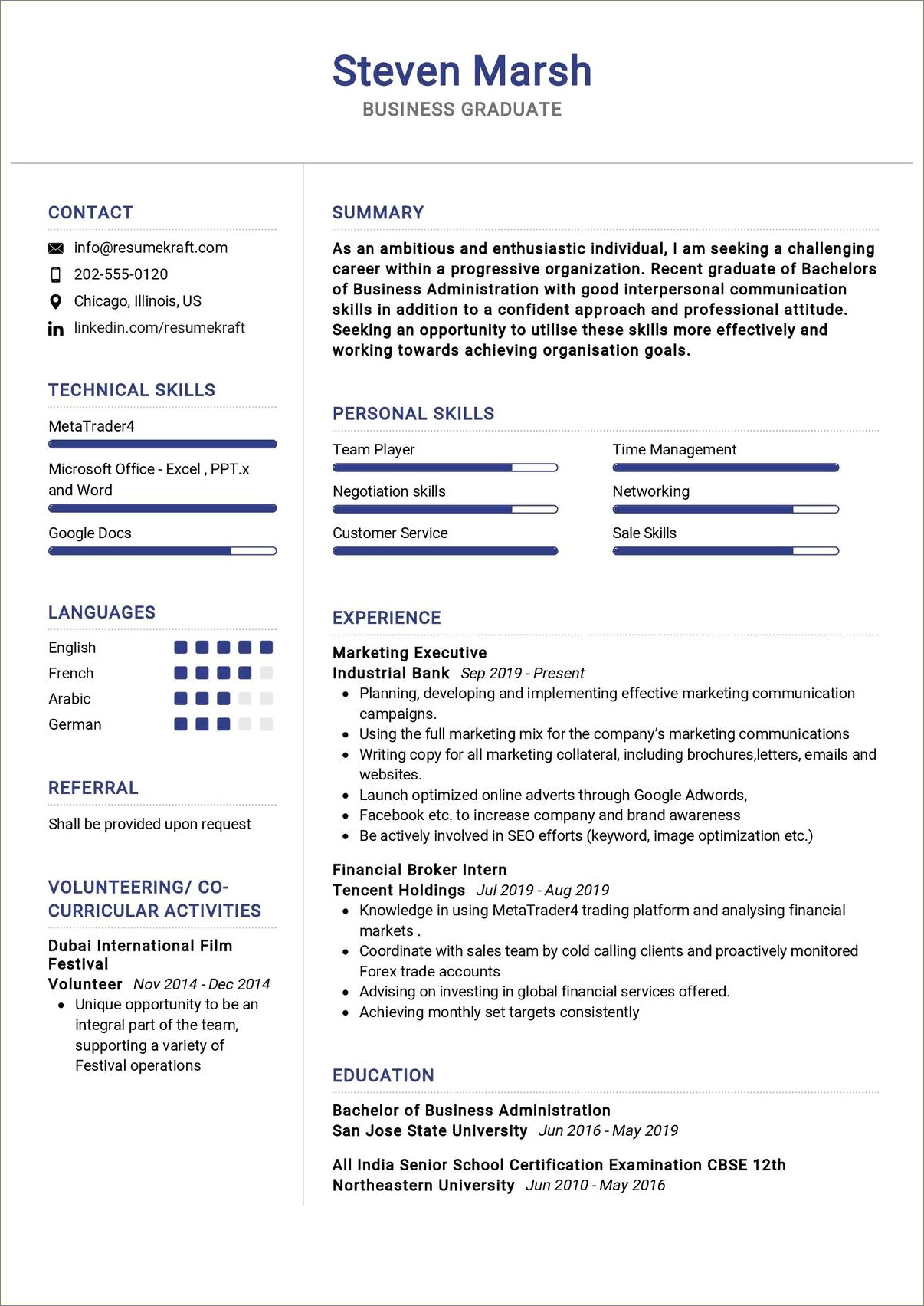 Resume Example For Fresh Graduate In Business Major
