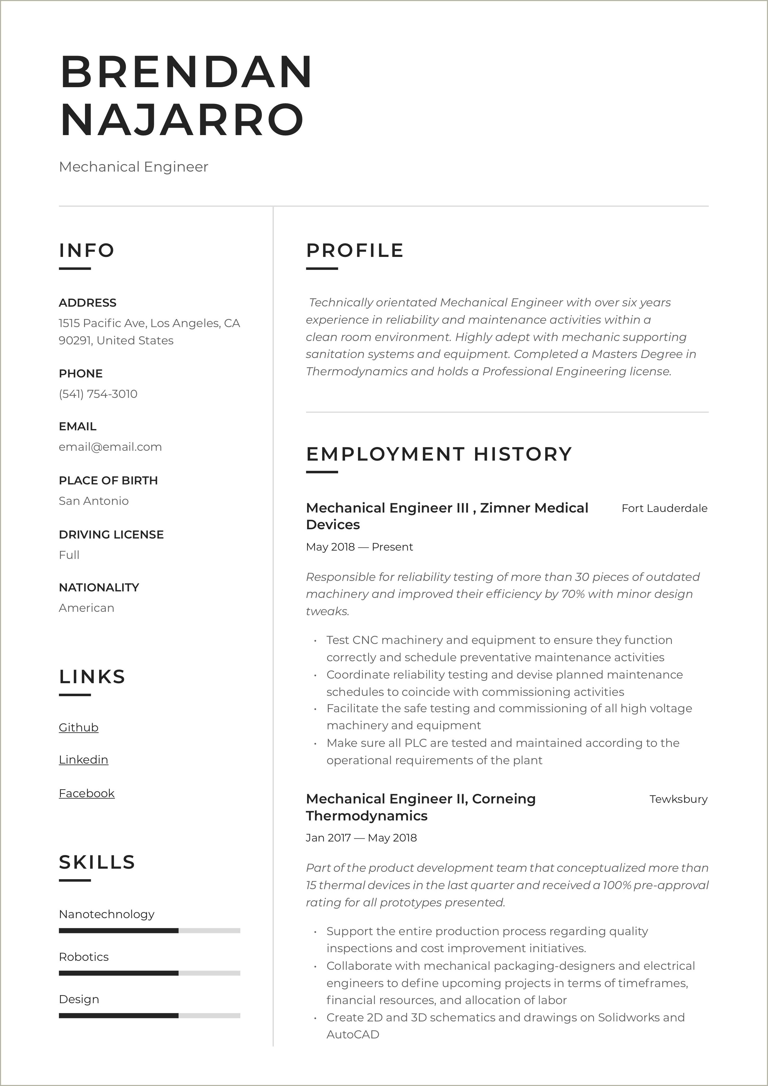 Resume Example For Freshers Engineers Pdf