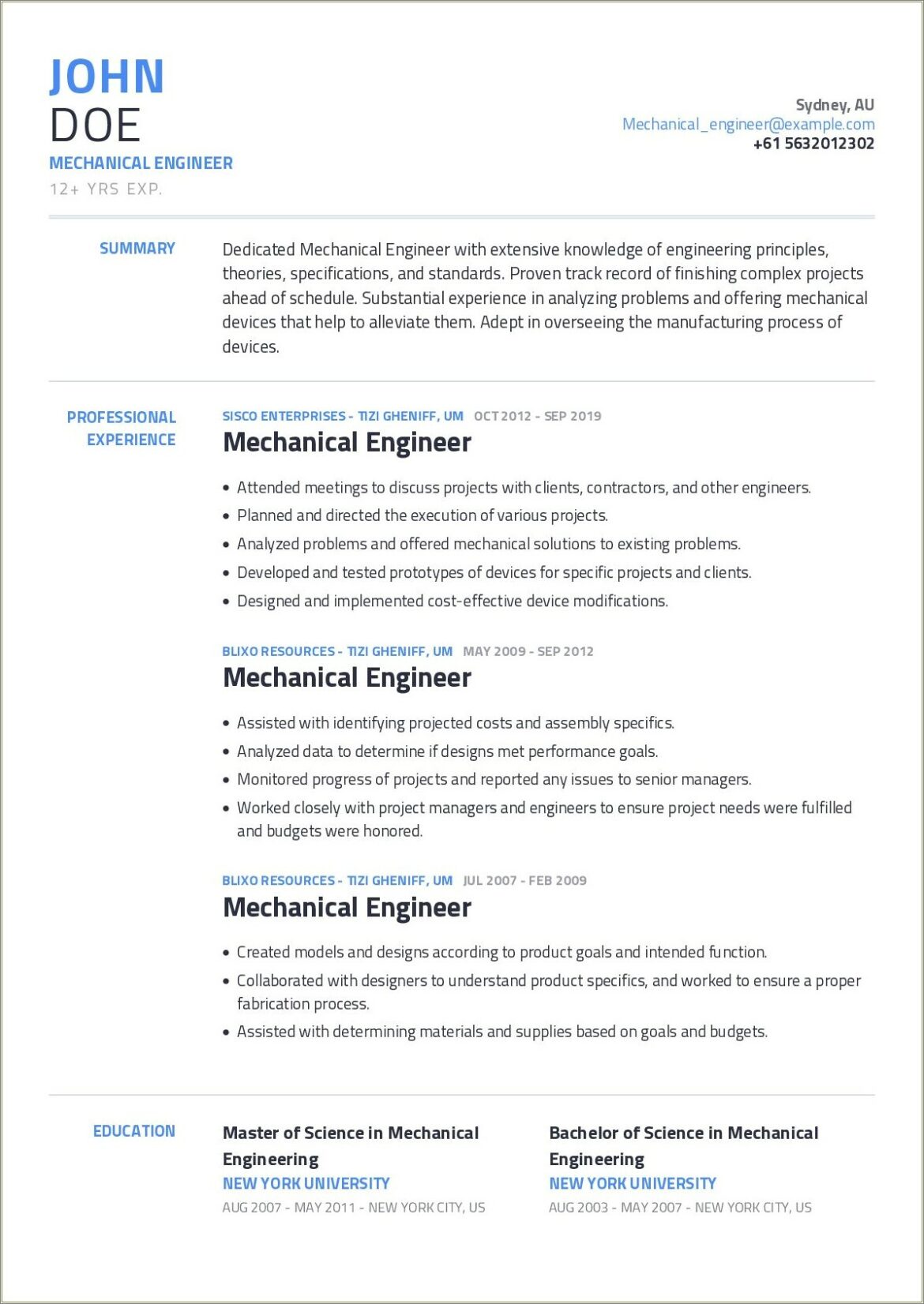 Resume Example For Freshers Mechanical Engineers