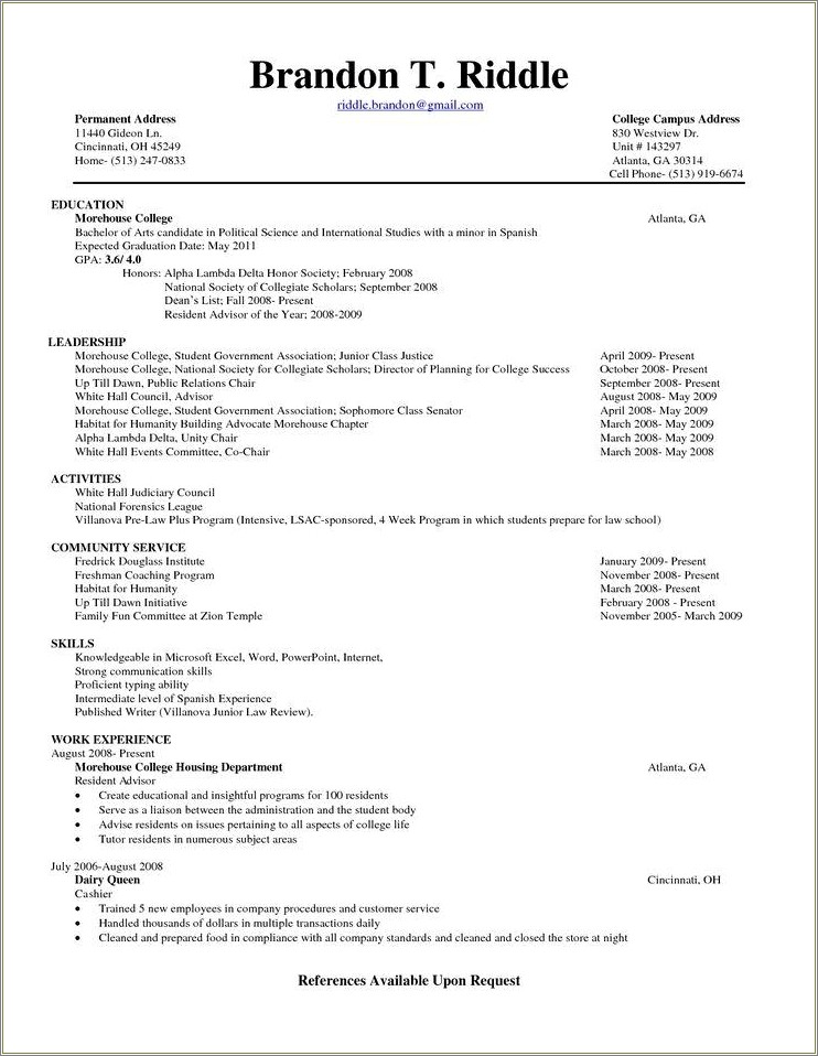 Resume Example For Freshman College Application