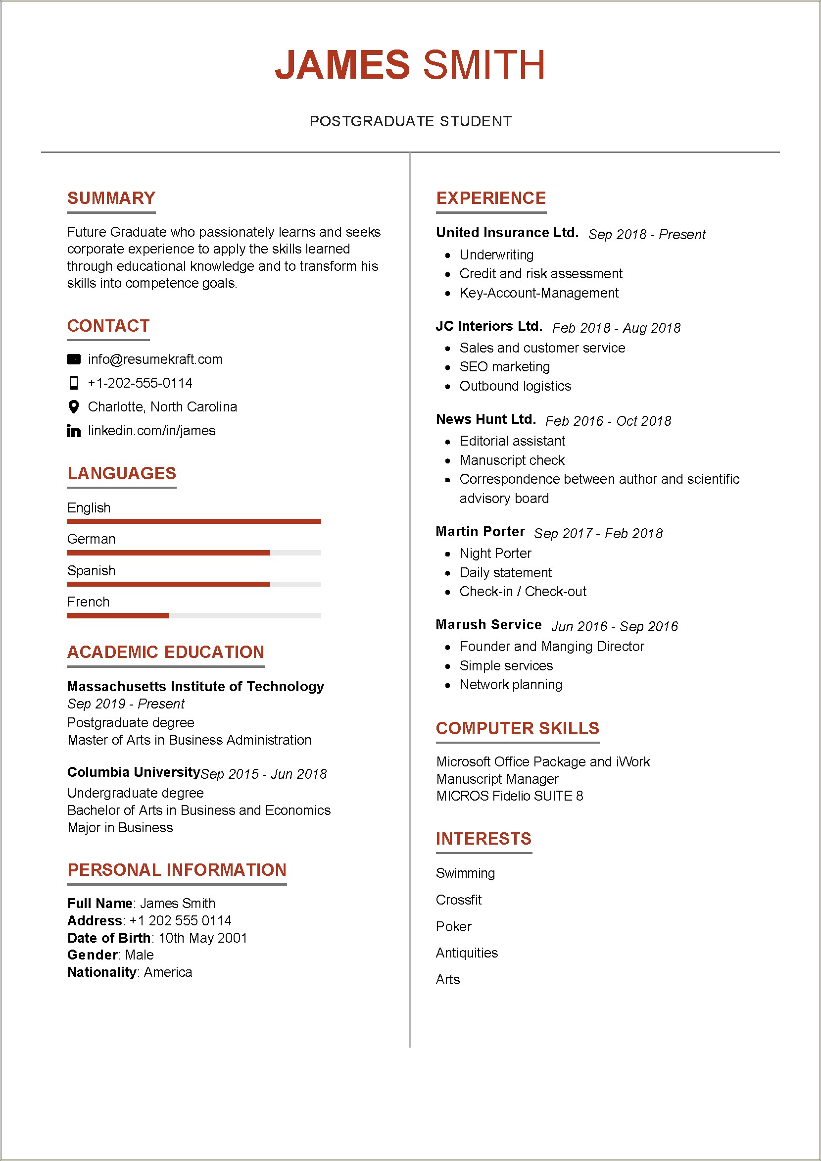 Resume Example For Graduating College Students
