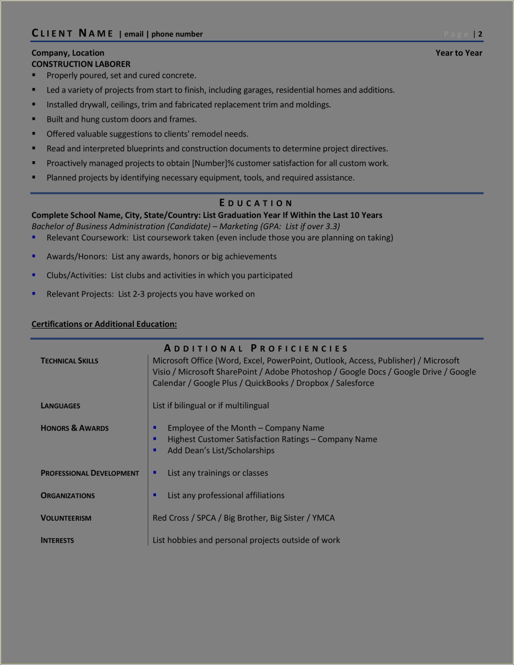 Resume Example For Home Improvement Contractor