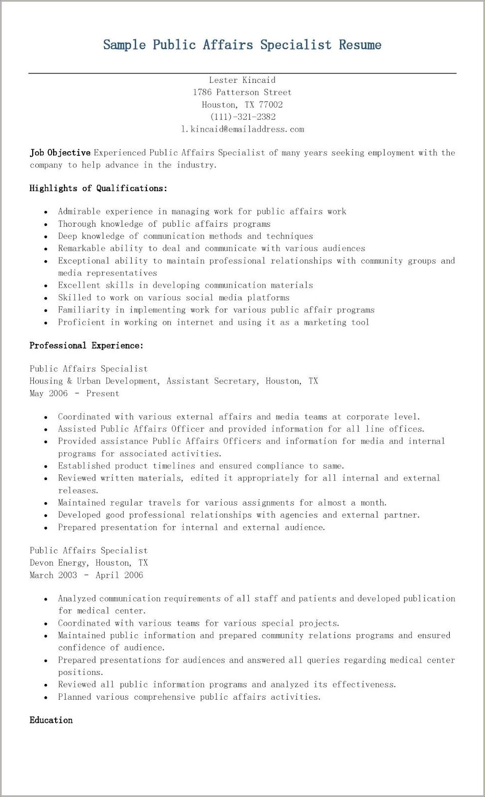 Resume Example For Military Public Relations
