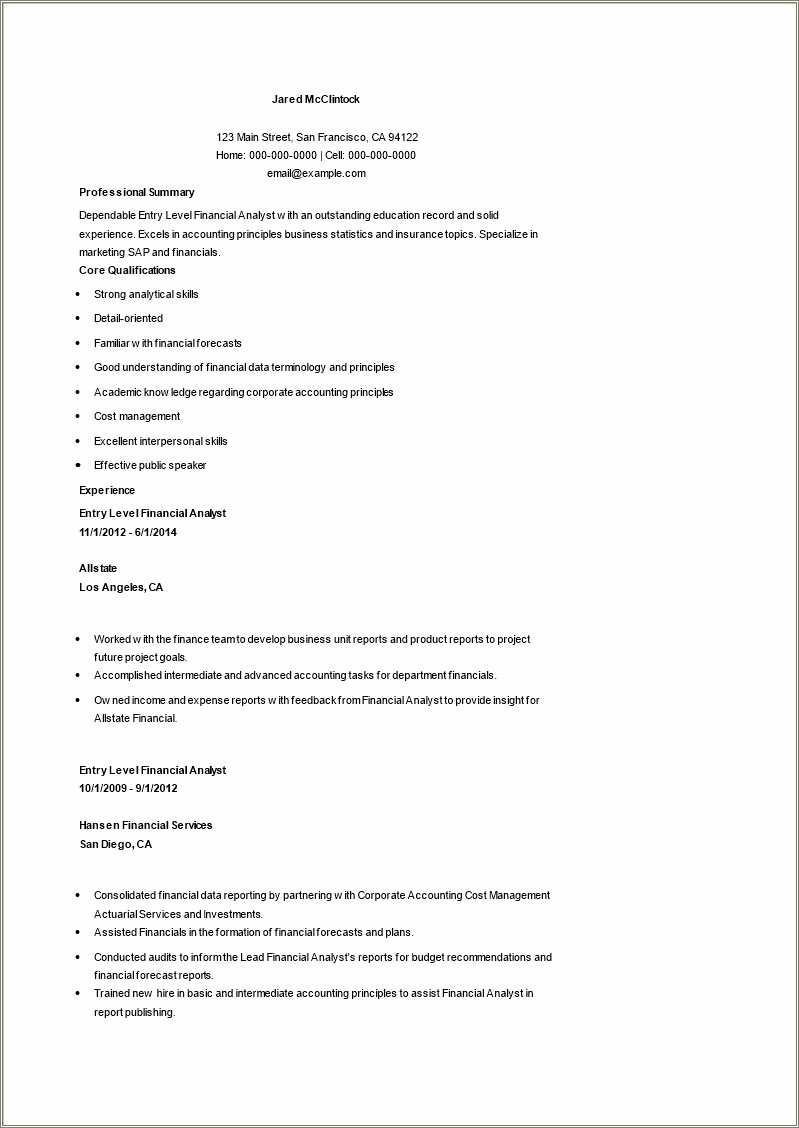 Resume Example For No Expereince For Financial Associate