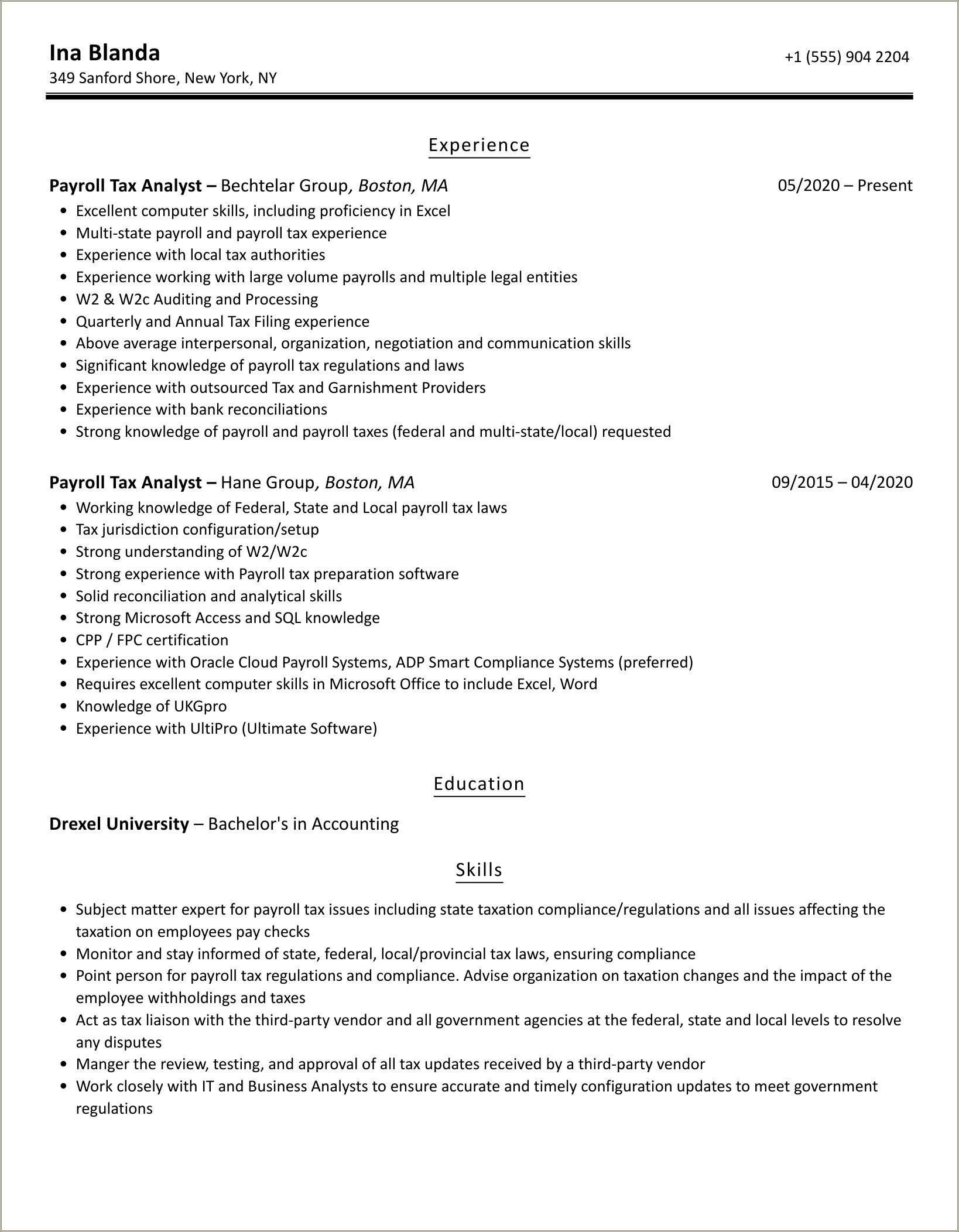 Resume Example For Paying Eftps And Payroll Taxes