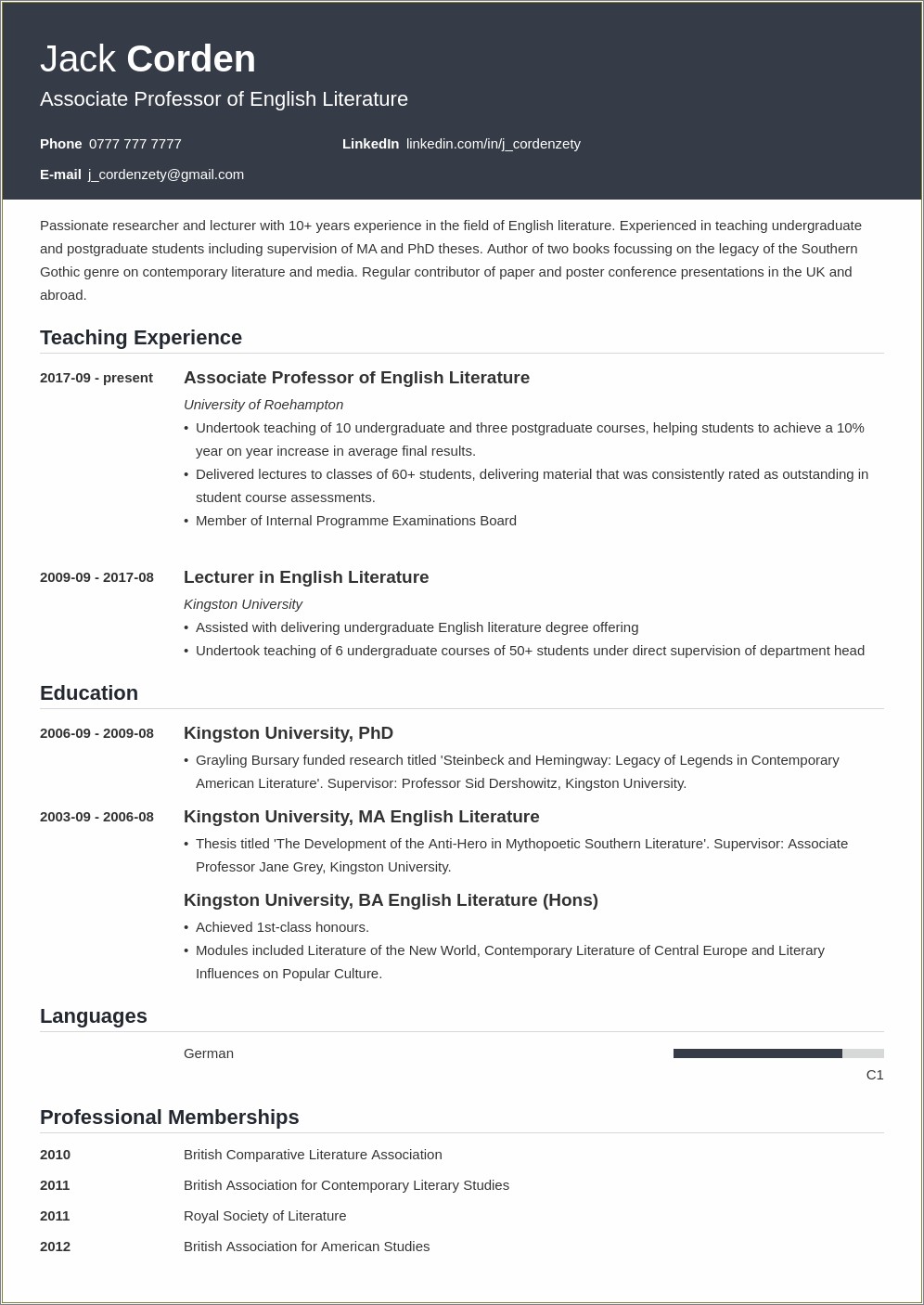 Resume Example For Phd School Candidates