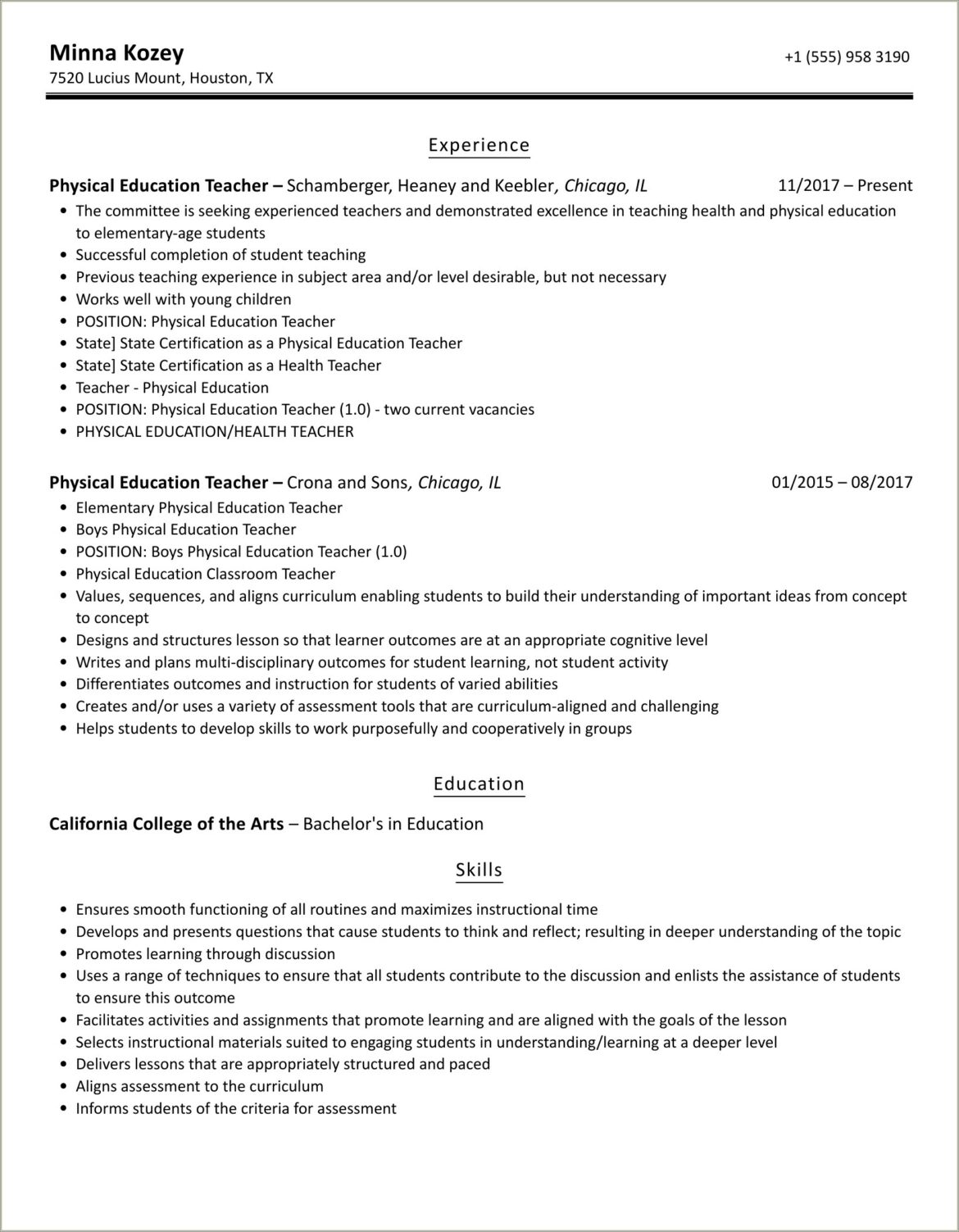 Resume Example For Physical Education Teacher