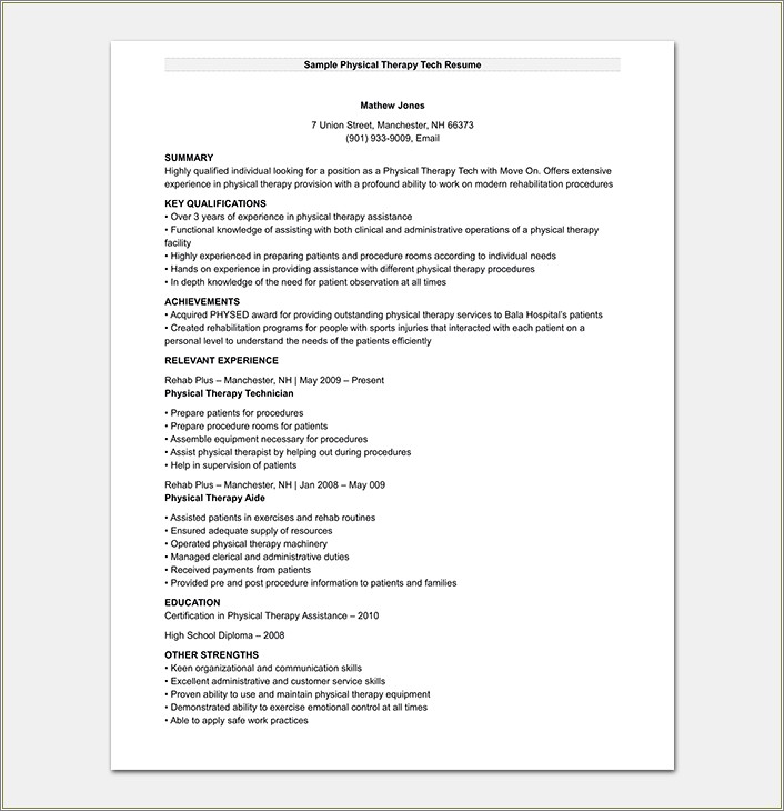 Resume Example For Physical Therapy Tech