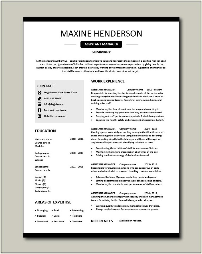Resume Example For Retail Assistant Manager