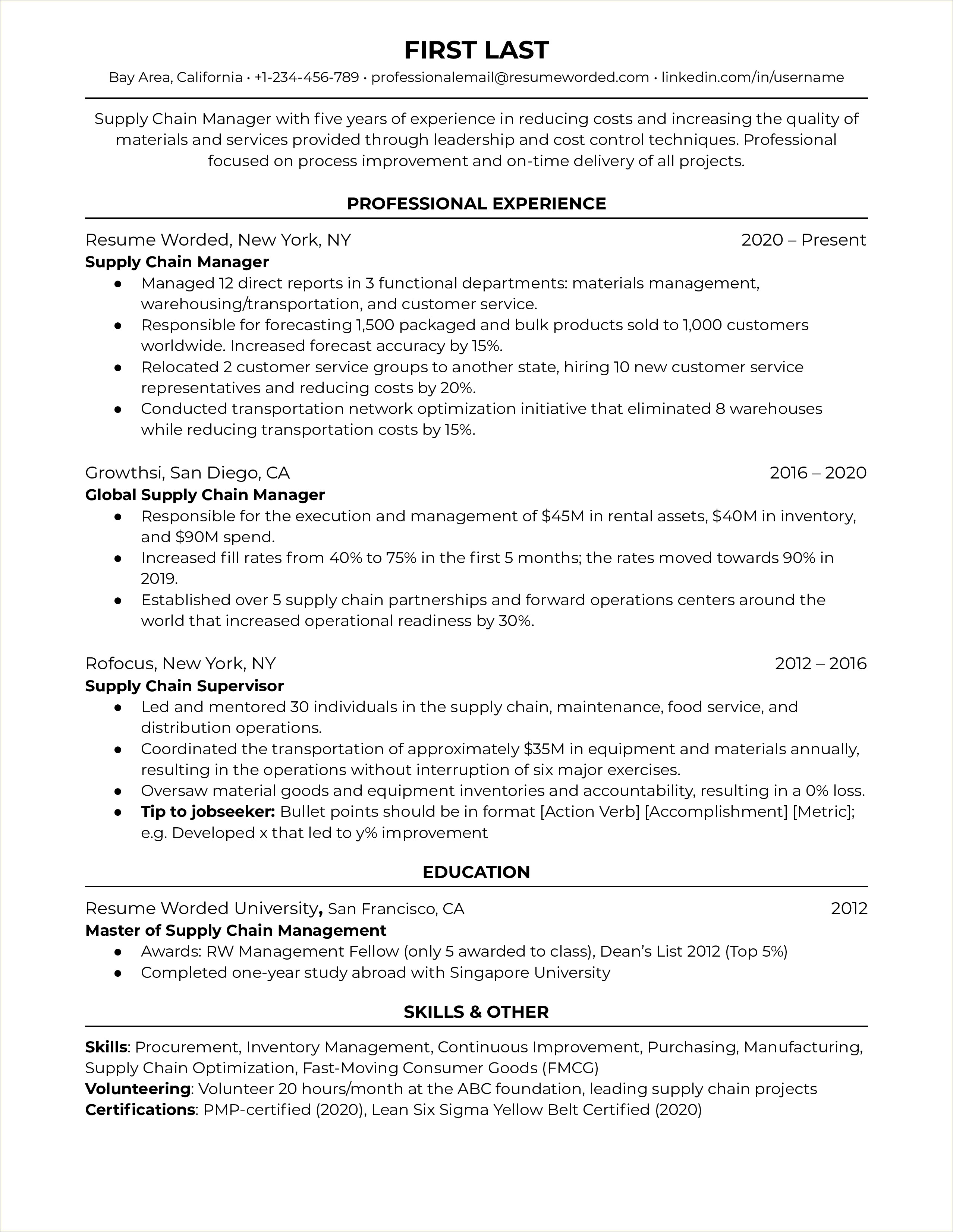 Resume Example For Suppy Chain Managment