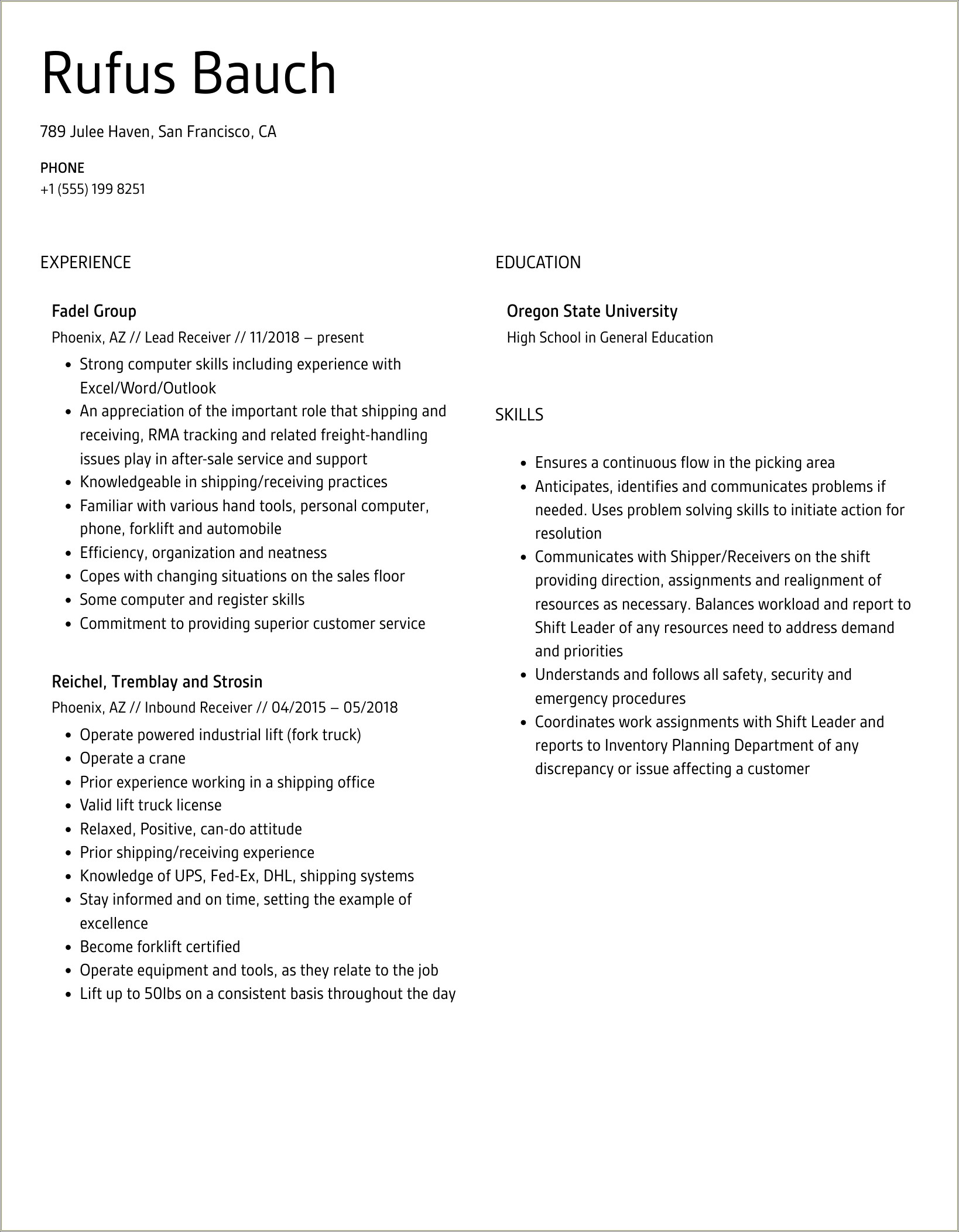 Resume Example For Whole Foods Receiver