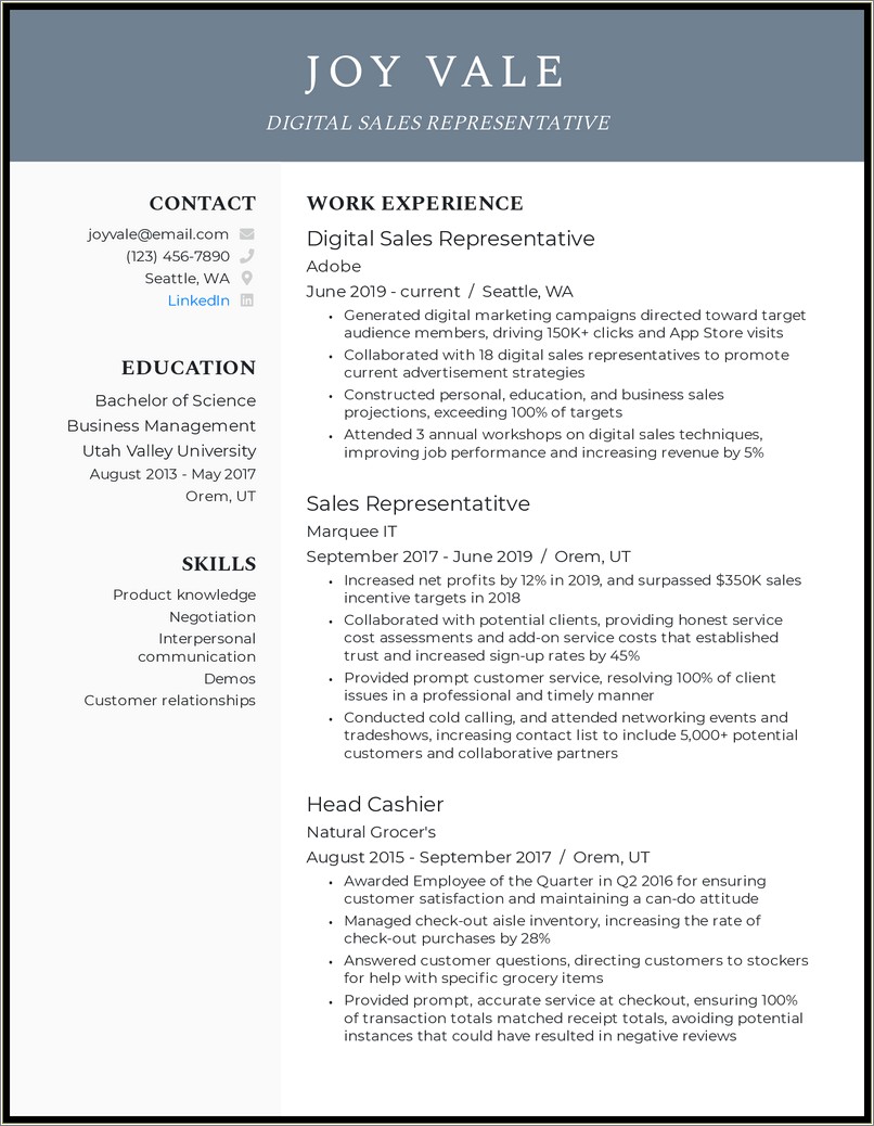 Resume Example For Young Sales Person Objective