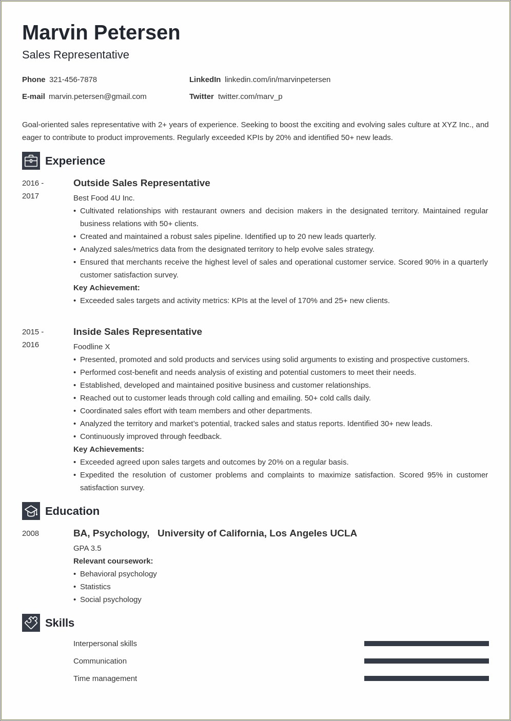 Resume Example For Young Sales Person