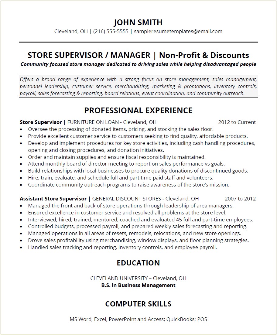 Resume Example From Dds Discount Store