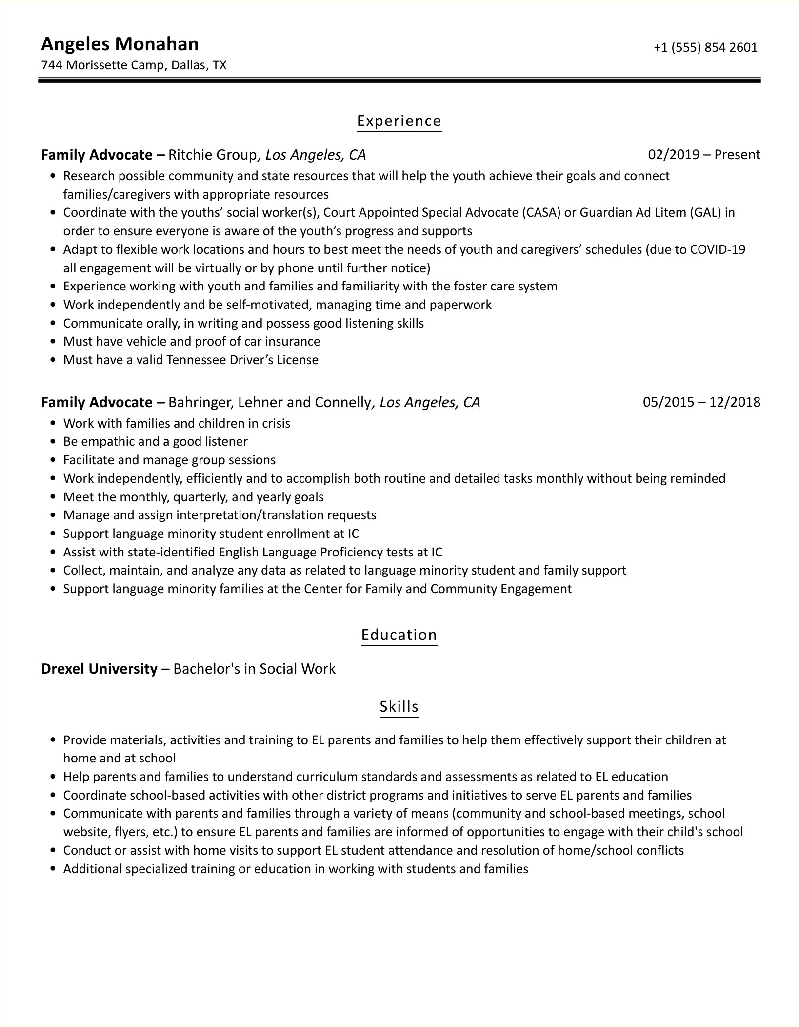 Resume Example Of A Family Advocate