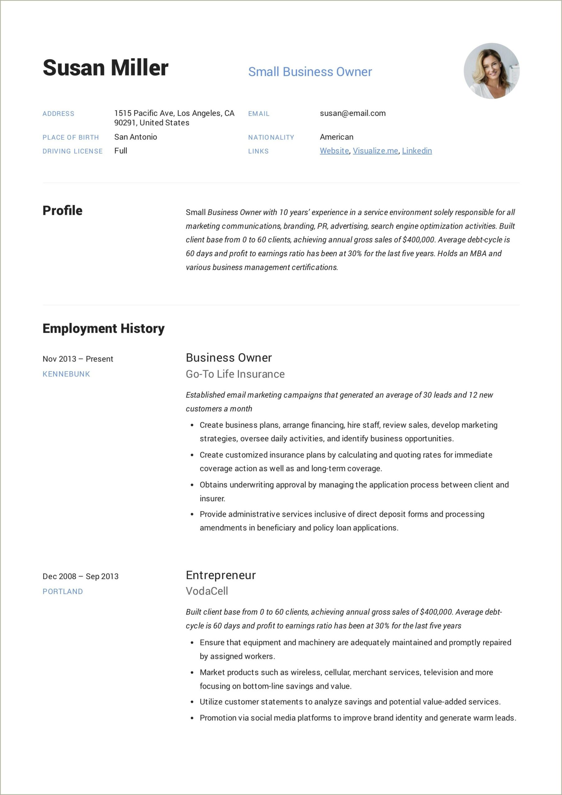 Resume Example Of Small Buisness Owner