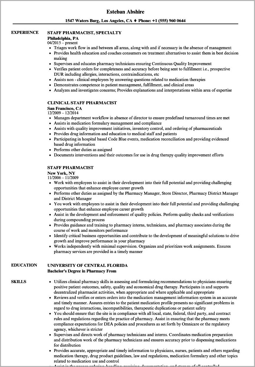 Resume Example Of Walgreens Pharmacy Technician