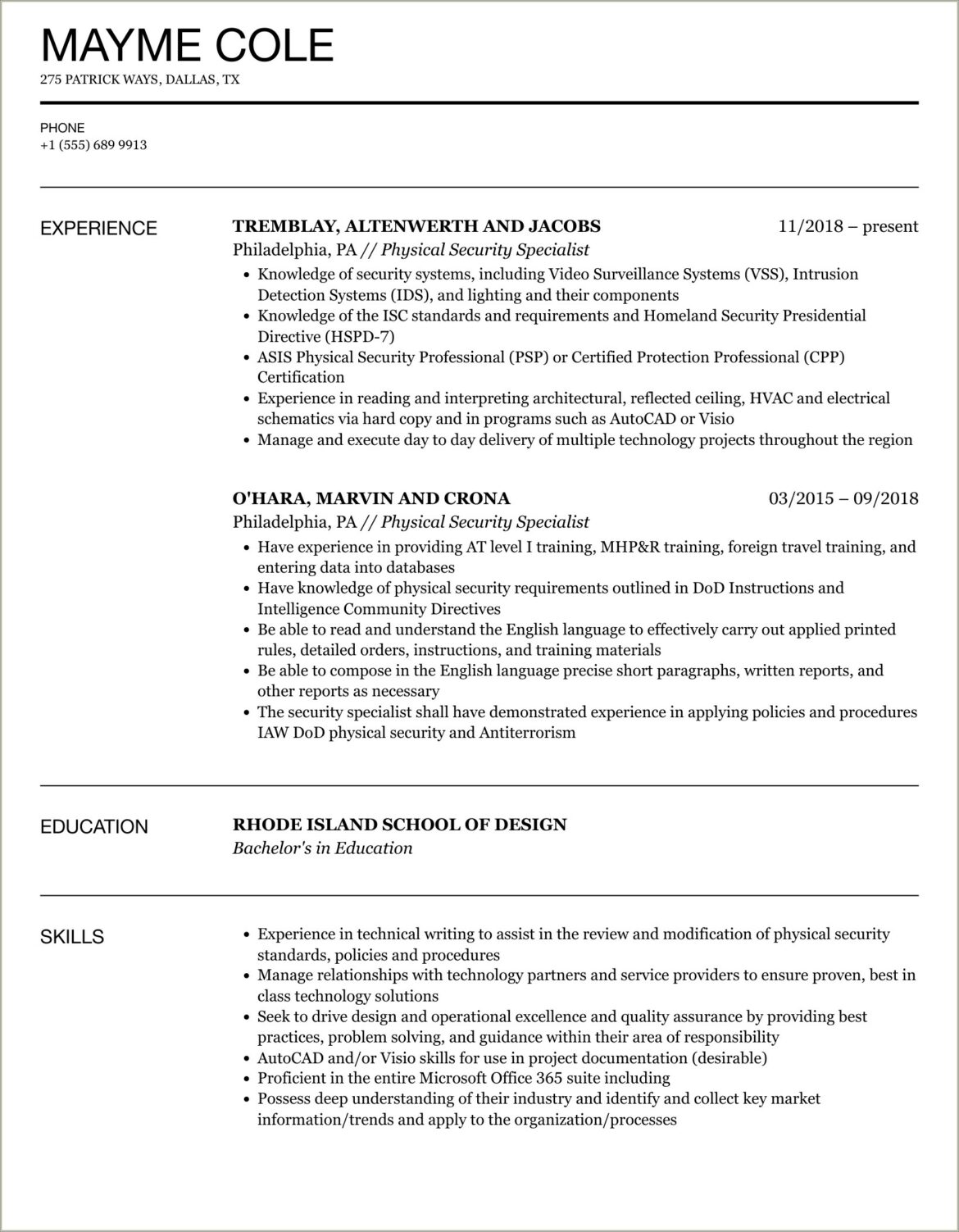 Resume Example Physical Security Access Control